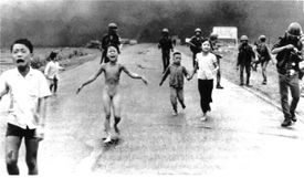 Children, Kim Phuc Phan Thi in left-center, run down a road near Trang Bang after an ARVN napalm attack on villages suspected of harboring NLF fighters in June 1972. This photo by Huynh Cong Ut, became a symbol of the international movement against U.S. involvement in Vietnam.